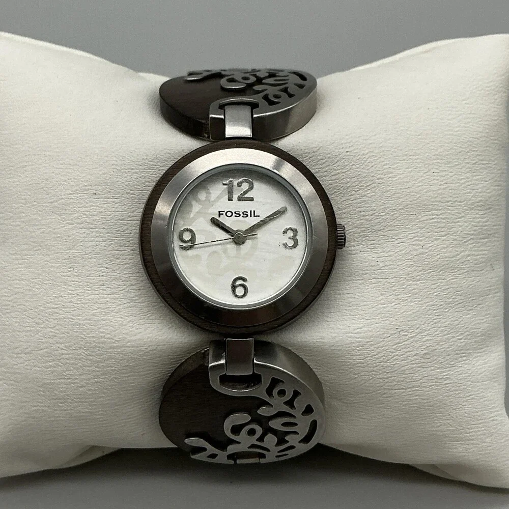 Fossil Women Watch 26mm White Dial Wood Stainless Band ES-2051 New Battery 6.25